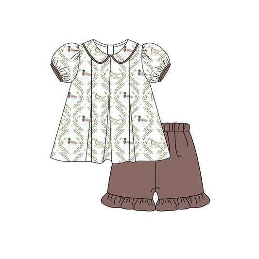Preorder (moq 5)Baby Girls Short Ruffle Sleeves Dogs Ducks Tunic Dark Brown Ruffle Short Set 5.13