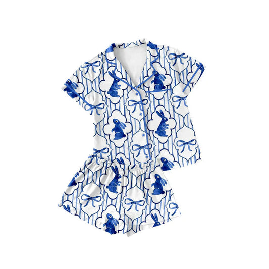 Preorder(moq 5) Baby Girls Blue Bows Rabbits Button Pockets Top Shorts Easter Pajamas Sets 10.15