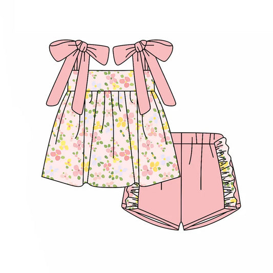 Preorder(moq 5) Baby Girls Strap Pink Yellow Flowers Tunic Ruffle Shorts Clothes Sets 10.24