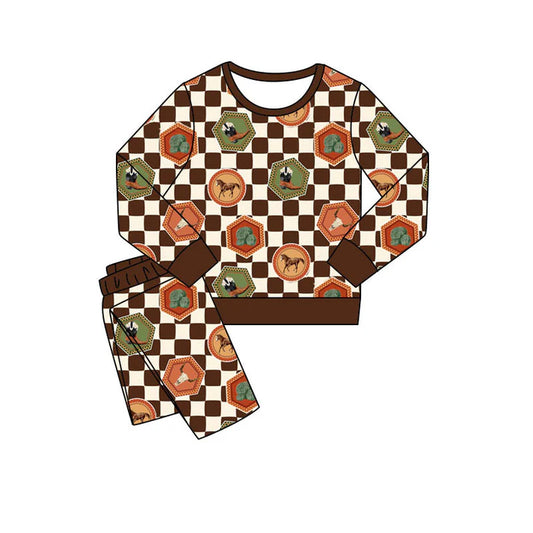 Preorder(moq 5) Baby Boys Boots Horses Checked Pants Western Pajamas Sets 11.8