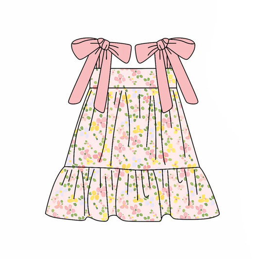Preorder(moq 5) Baby Girls Strap Pink Yellow Flowers Ruffle Knee Length Dresses 10.24