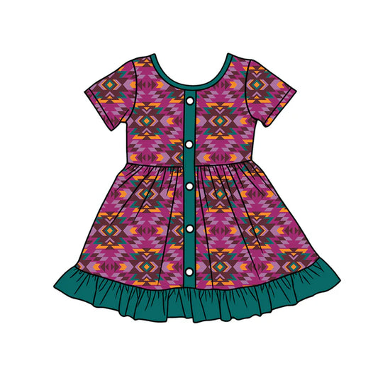 Preorder (moq 5)Baby Girls Western Hot Pink Aztec Ruffle Knee Length Dresses 1.9