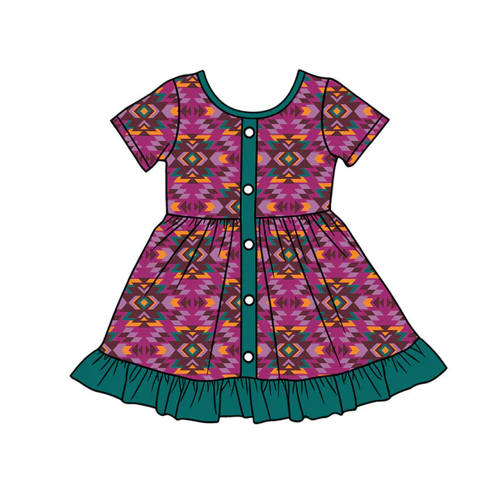Preorder (moq 5)Baby Girls Western Hot Pink Aztec Ruffle Knee Length Dresses 1.9