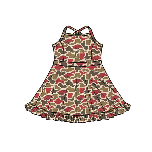 Preorder (moq 5)Baby Girls Strap Southern Red Camo Bulls Team Ruffle Knee Length Dress 1.7