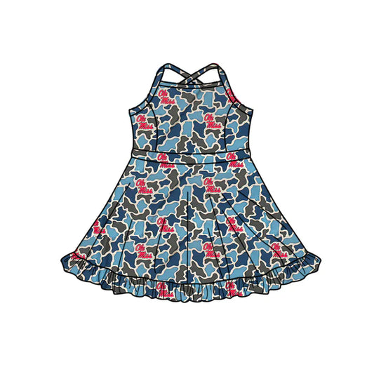 Preorder (moq 5)Baby Girls Strap Southern Blue Camo Ole Miss Team Ruffle Knee Length Dress 1.7