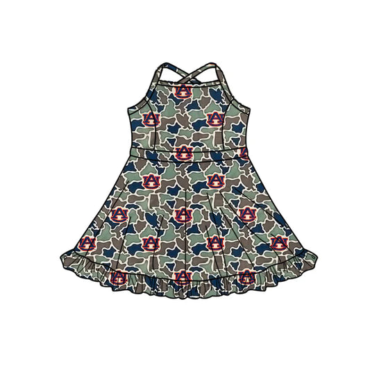 Preorder (moq 5)Baby Girls Strap Southern Green Camo AU Team Ruffle Knee Length Dress 1.7