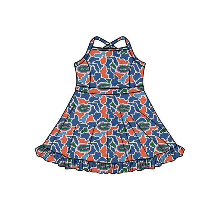 Preorder (moq 5)Baby Girls Strap Southern Blue Camo Crocodiles Team Ruffle Knee Length Dress 1.7