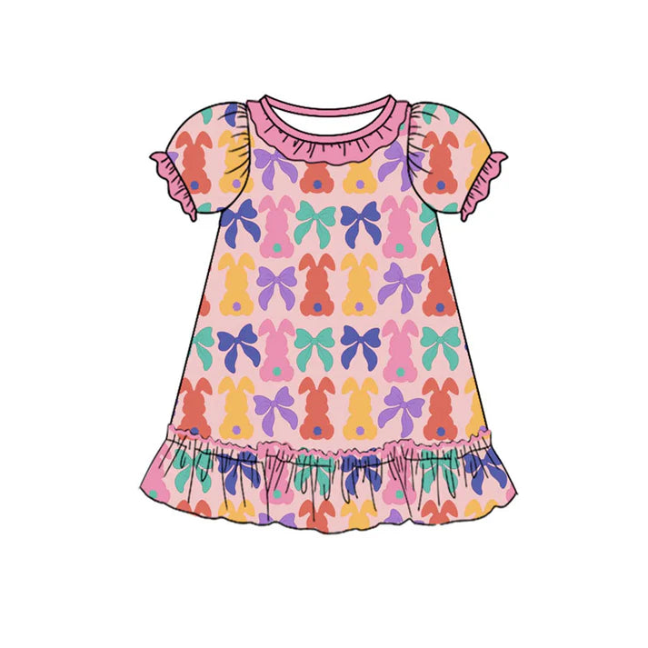 Preorder (moq 8)Baby Girls Colorful Bows Rabbits Easter Ruffle Knee Length Dresses 9.17