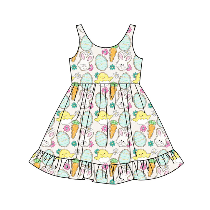 Preorder (moq 5)Baby Girls Rabbits Eggs Flowers Easter Ruffle Knee Length Dresses 12.13