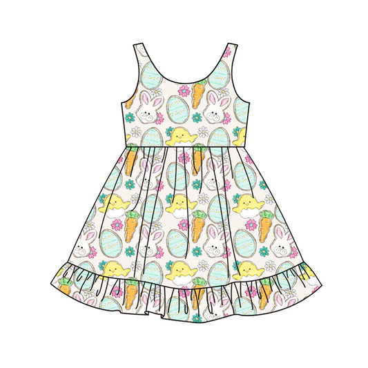 Preorder (moq 5)Baby Girls Rabbits Eggs Flowers Easter Ruffle Knee Length Dresses 12.13