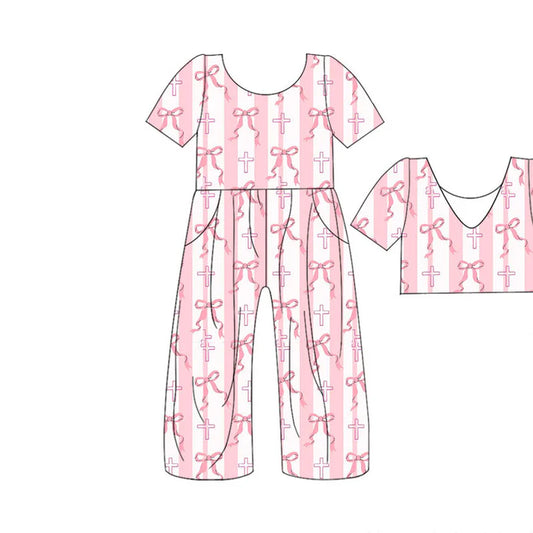 Preorder(moq 5) Baby Girls Pink Bows Crosses Pockets Pants Easter Jumpsuits 10.29
