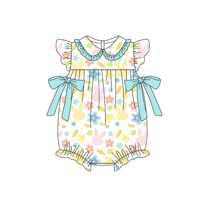 Preorder (moq 5)Baby Girls Flutter Sleeve Colorful Rabbits Flowers Bows Easter Ruffle Rompers 11.11