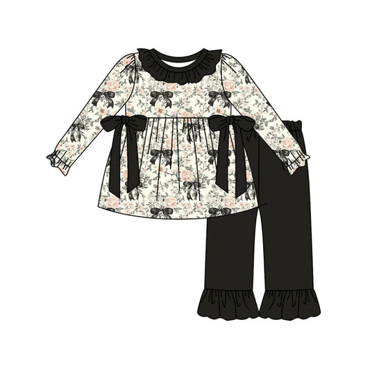 Preorder (moq 5)Baby Girls Long Sleeves Floral Black Bows Tunic Ruffle Pant Sets 6.10