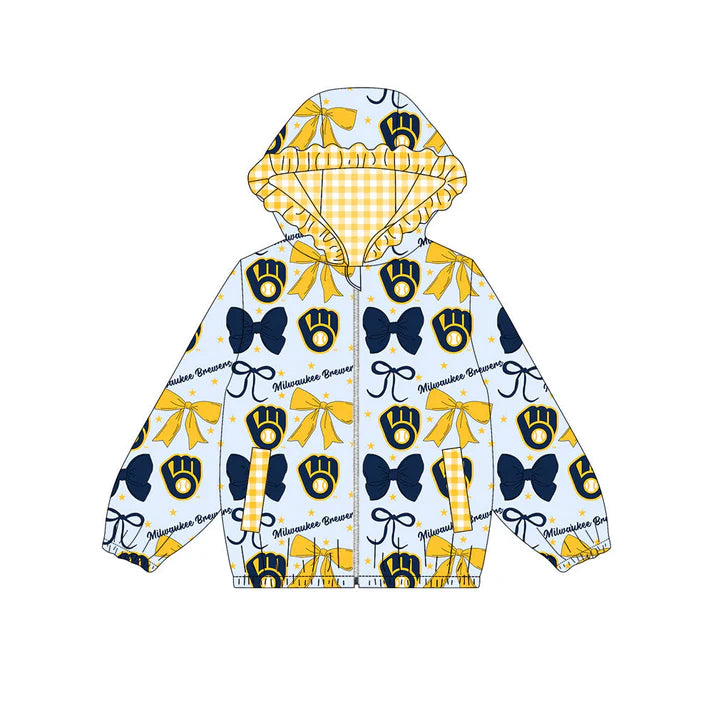 Preorder(moq 5)Baby Girls Navy Yellow Bows Milvsaukee Pocket Zipper Team Ruffle Hoodies Jackets 10.16