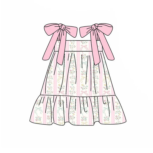 Preorder(moq 5) Baby Girls Pink Strap Bows Flowers Stripe Ruffle Knee Length Dresses 10.21