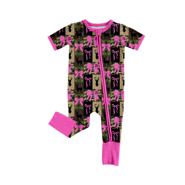 Preorder (moq 5)Baby Girls Camo Deer Checked Bows Hunting Two Way Zip Convertible Rompers 11.26