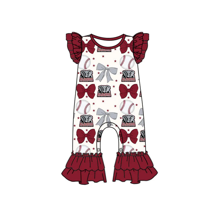 Preorder (moq 5)Baby Girls Dark Red Flutter Sleeves Baseball Bows Alabama Ruffle Pant Team Rompers 6.16