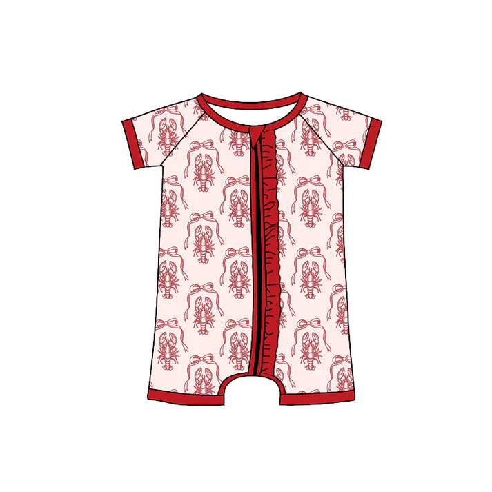 Preorder (moq 5)Baby Girls Short Sleeve Red Crayfishes Ruffle Zipper Shorts Rompers 12.19