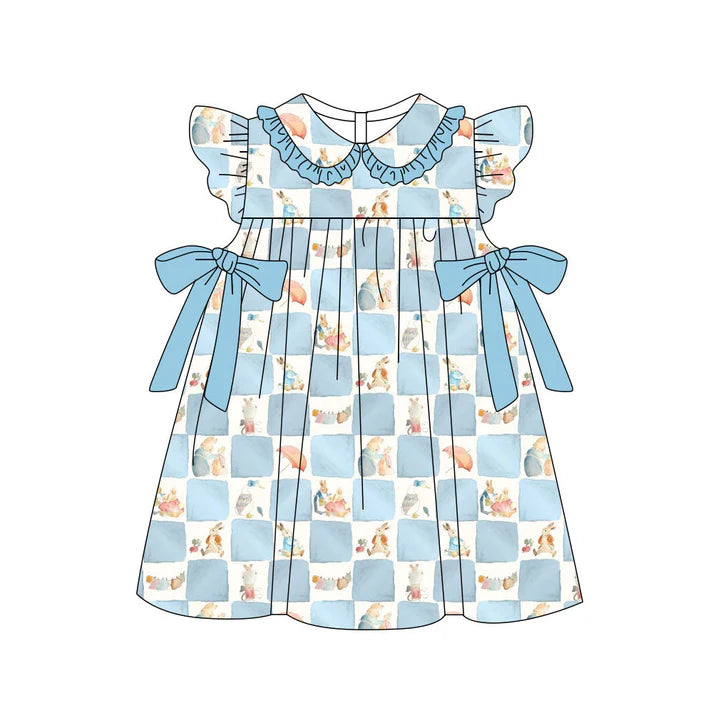 Preorder(moq 5) Baby Girls Blue Checked Rabbits Bows Easter Collar Knee Length Dresses 11.19