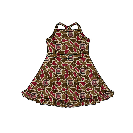 Preorder (moq 5)Baby Girls Strap Southern Red Camo C Bulls Team Ruffle Knee Length Dress 1.7