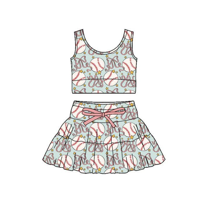 Preorder (moq 5)Baby Girls Sleeveless Baseballs Bows Vest Top Skirt Shorts Team Clothes Sets 12.19