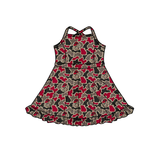 Preorder (moq 5)Baby Girls Strap Southern Red Camo Bulldogs Team Ruffle Knee Length Dress 1.7
