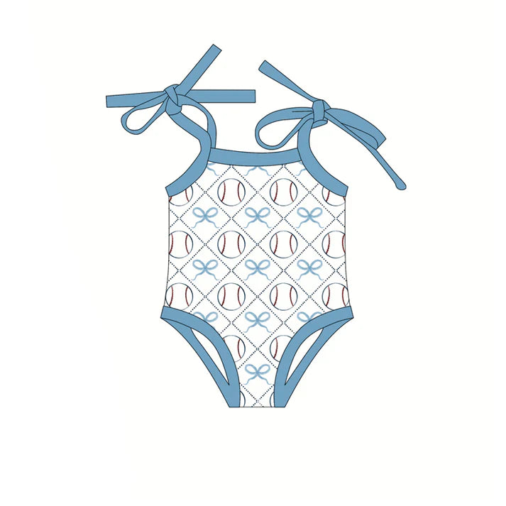 Preorder (moq 5)Baby Girls Blue Strap Bows Baseballs Checked Team Rompers 12.19