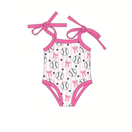 Preorder (moq 5)Baby Girls Pink Strap Bows Baseballs Stripe Team Rompers 12.19