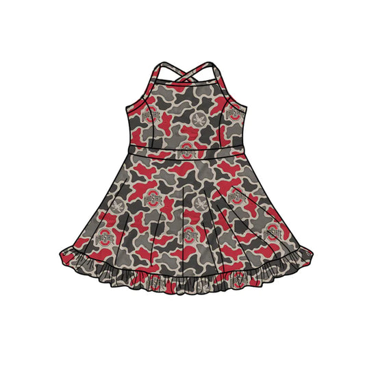 Preorder (moq 5)Baby Girls Strap Southern Camo Ohiostate Team Ruffle Knee Length Dress 1.7