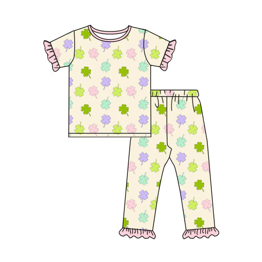 Preorder (moq 5)Baby Girls Colorful Clovers Top Ruffle Pants St Patrick Pajamas Set 12.18