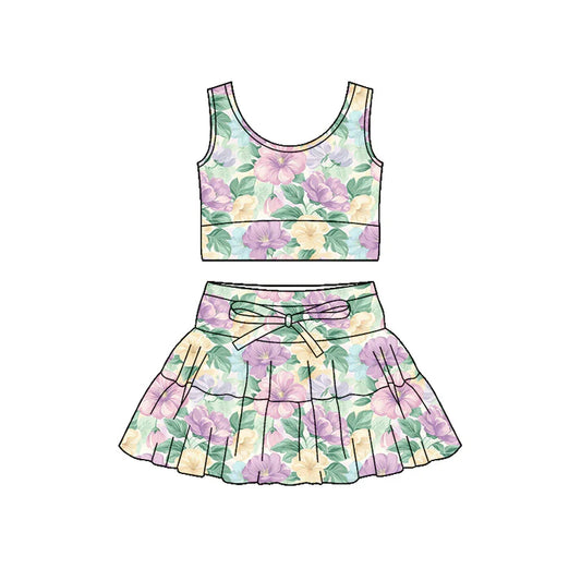 Preorder (moq 5)Baby Girls Sleeveless Colorful Flowers Vest Top Skirt Shorts Clothes Sets 12.19