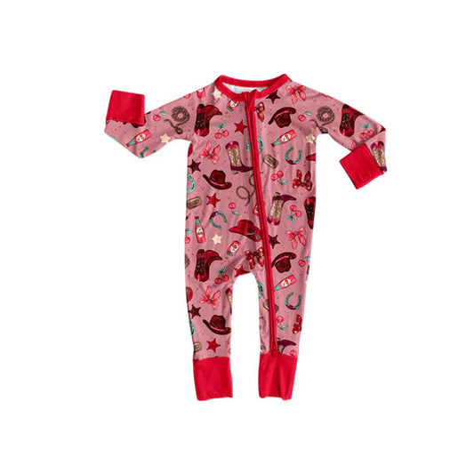 Preorder (moq 5)Baby Girls Red Stars Boots Hats Western Zipper Footie Rompers 10.23