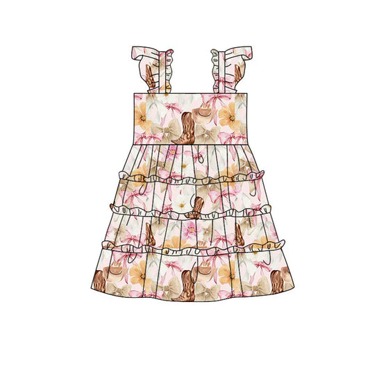 Preorder(moq 5) Baby Girls Flowers Boots Hats Western Patchwork Knee Length Dresses 10.29