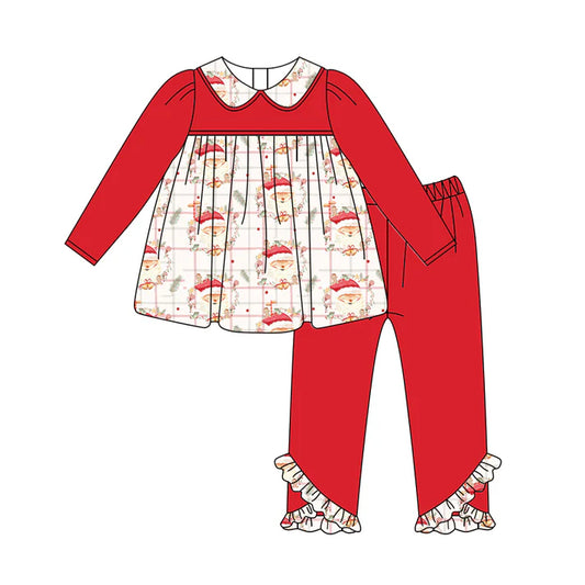 Preorder (moq 5)Baby Girls Red Long Sleeves Santa Plaid Tunic Ruffle Legging Pant Sets 6.10