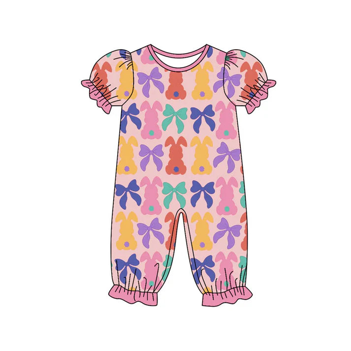 Preorder (moq 8)Baby Girls Colorful Bows Rabbits Easter Ruffle Footie Rompers 9.17