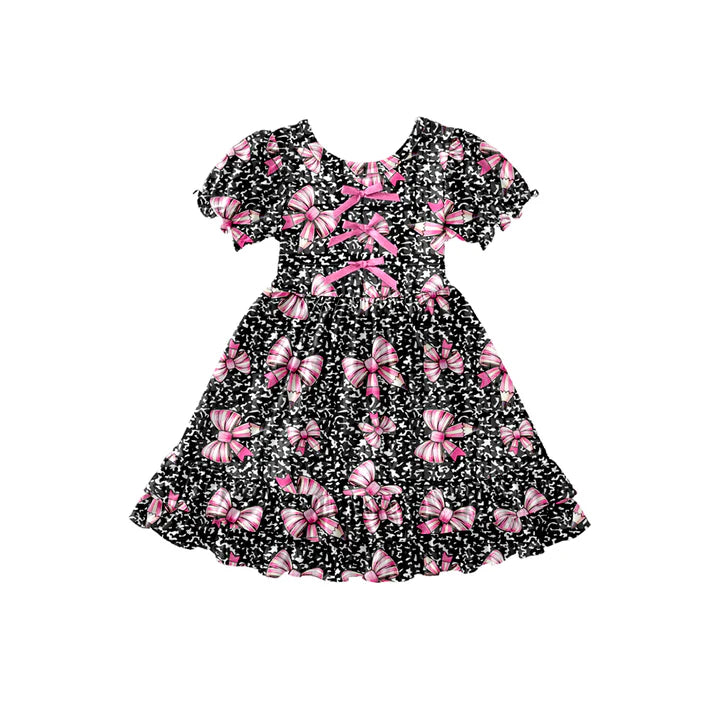 Preorder (moq 5)Baby Girls Black Leopard Pencil Bows Back to School Ruffle Knee Length Dress 12.26