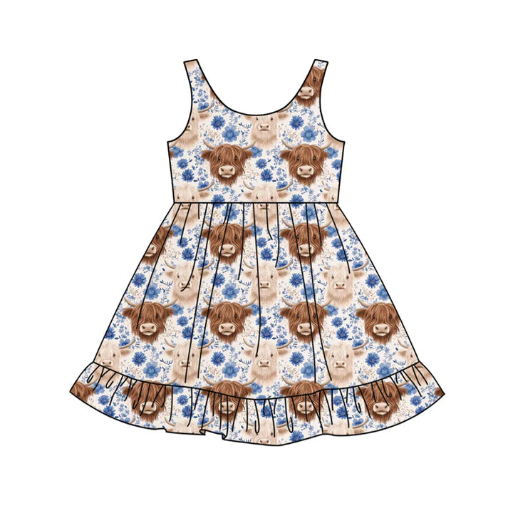 Preorder (moq 5)Baby Girls Flowers Highland Cows Western Ruffle Knee Length Dresses 12.13