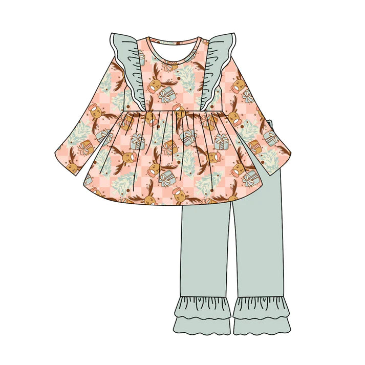 Preorder (moq 5)Baby Girls Long Sleeves Deer Trees Plaid Tunic Ruffle Pant Sets 6.23