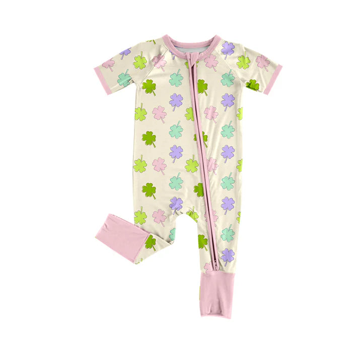 Preorder (moq 5)Baby Girls Colorful Clovers St Patrick Two Way Zip Convertible Rompers 12.18