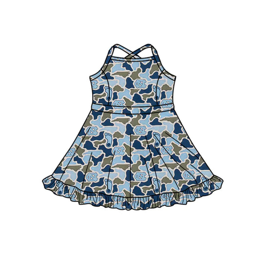 Preorder (moq 5)Baby Girls Strap Southern Blue Camo CN Team Ruffle Knee Length Dresses 1.7