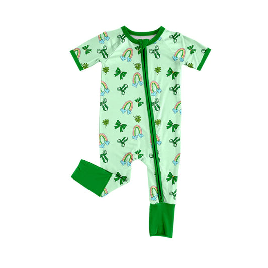 Preorder (moq 5)Baby Girls Rainbows Clovers St Patrick Two Way Zip Convertible Rompers 12.18