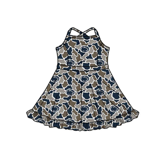 Preorder (moq 5)Baby Girls Strap Southern Navy Camo Leopard Team Ruffle Knee Length Dresses 1.7