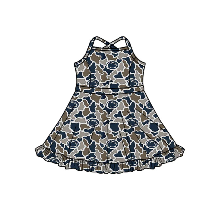 Preorder (moq 5)Baby Girls Strap Southern Navy Camo Leopard Team Ruffle Knee Length Dresses 1.7