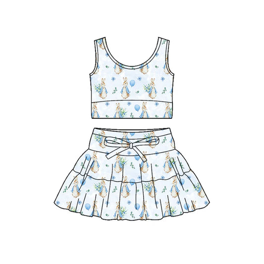 Preorder (moq 5)Baby Girls Sleeveless Blue Rabbits Flowers Vest Skirt Shorts Easter Clothes Set 1.5