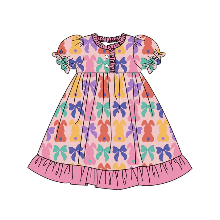 Preorder (moq 8)Baby Girls Colorful Bows Rabbits Easter Button Ruffle Knee Length Dresses 9.17