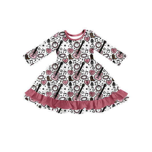 Preorder(moq 5) Baby Girls Boots Guitars Hearts Western Ruffle Knee Length Dresses 10.23