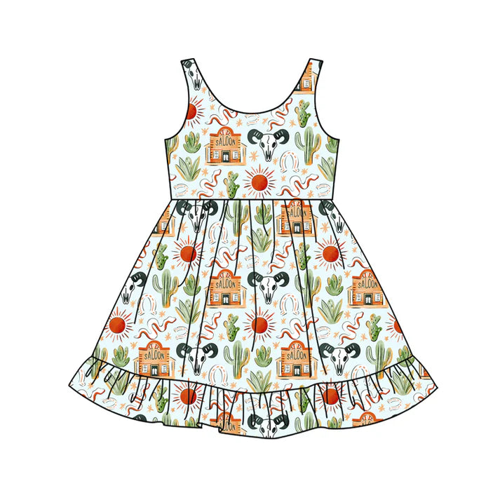 Preorder (moq 5)Baby Girls Bull Skulls Cactus Western Ruffle Knee Length Dresses 12.13