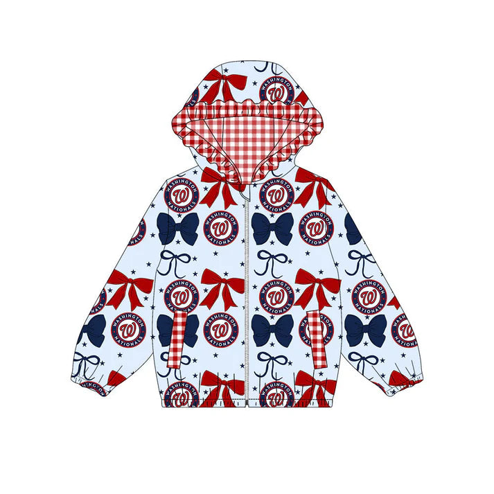 Preorder(moq 5)Baby Girls Blue Red Bows Washington W Pocket Zipper Team Ruffle Hoodies Jackets 10.16