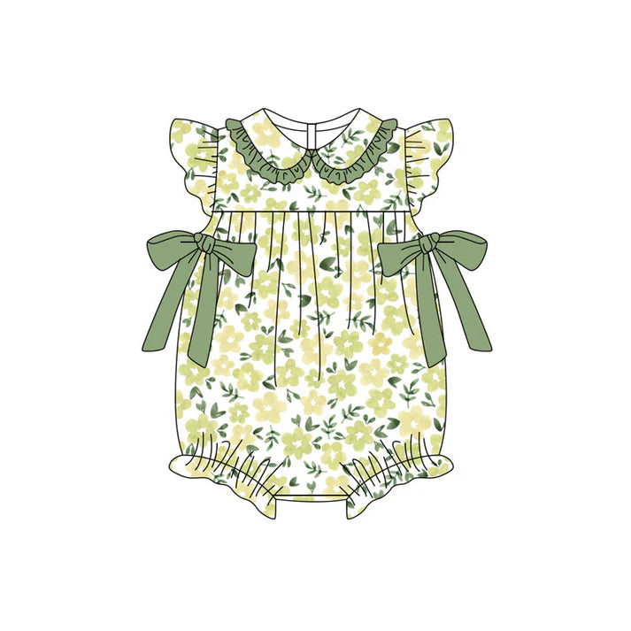 Preorder (moq 5)Baby Girls Flutter Sleeve Green Flowers Bows Ruffle Rompers 11.11