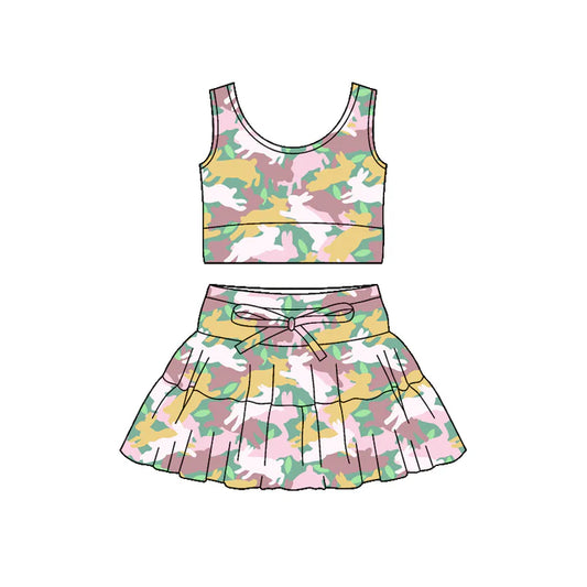 Preorder (moq 5)Baby Girls Sleeveless Rabbits Camo Vest Skirt Shorts Easter Clothes Set 1.2